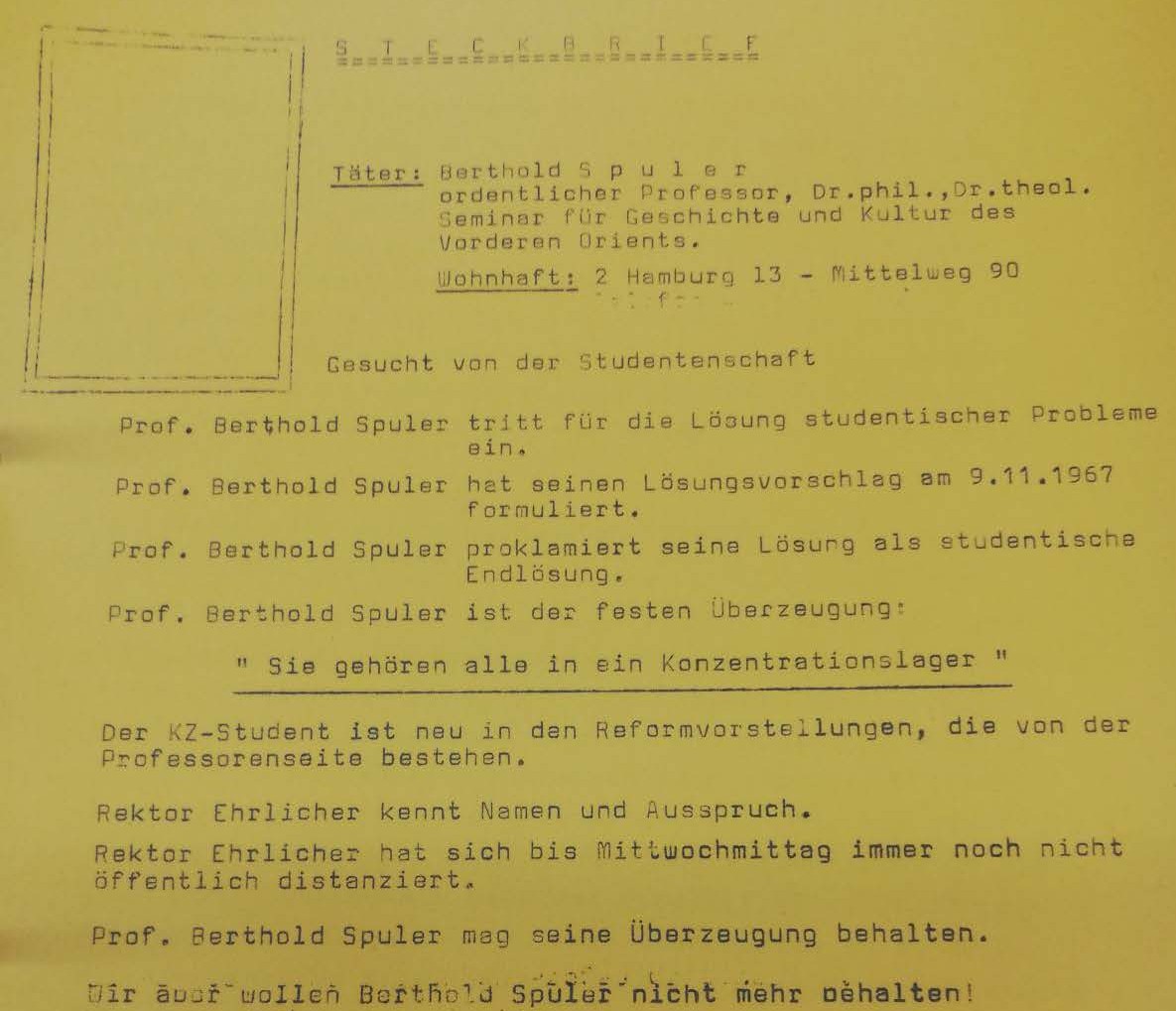 11.1967 AStA-Vorsitz Steckbrief „Gesucht von der Studentenschaft“